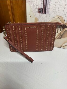 Michael Kors Brown Leather Studded Wristlet Clutch